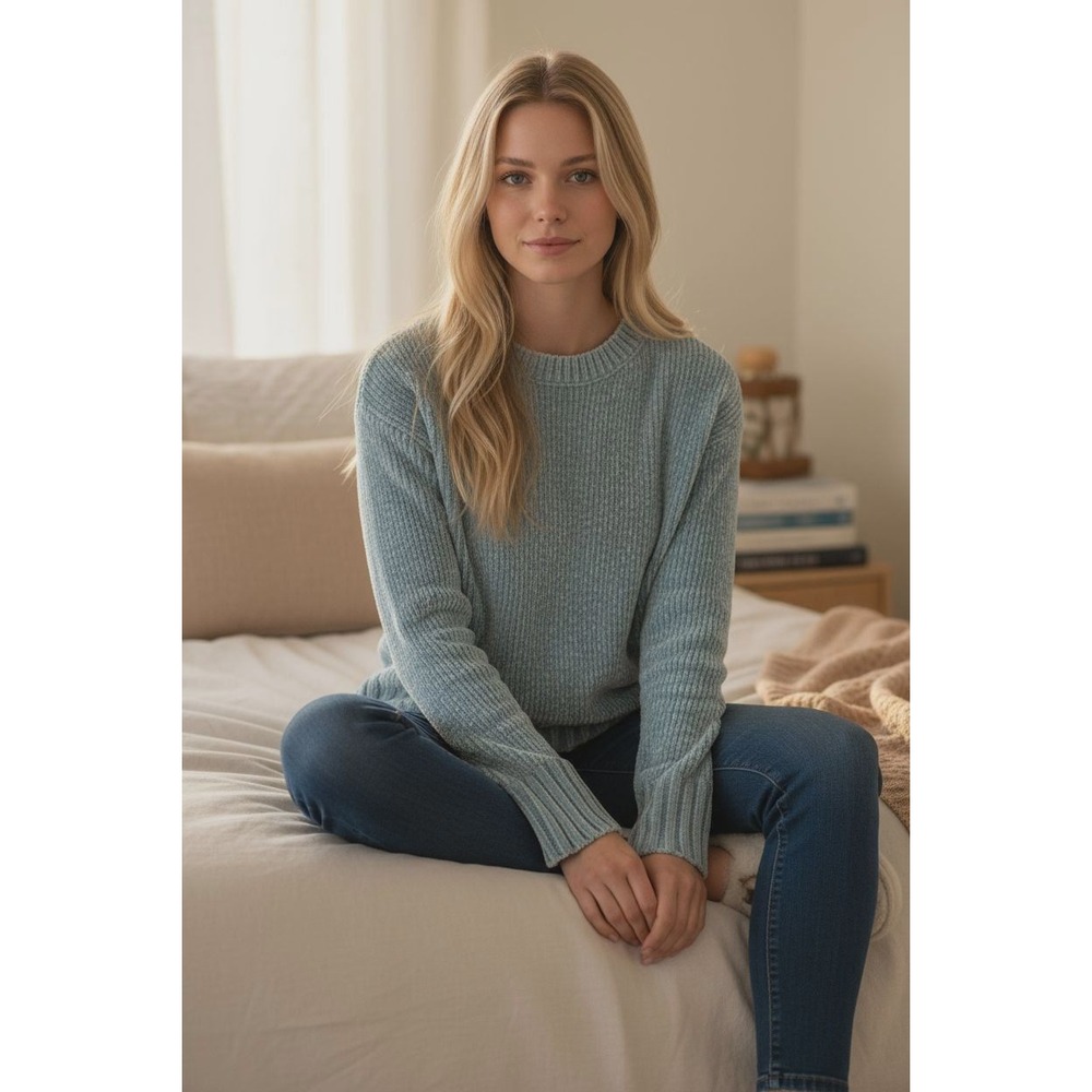 Cynthia‎ Rowley Blue Chenille Sweater Womens Small S Ribbed Knit Pullover Soft